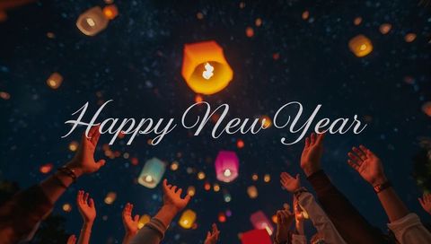 Happy New Year Lantern Release Over Starry Night Sky with Crowd Reaching Hands Celebrating