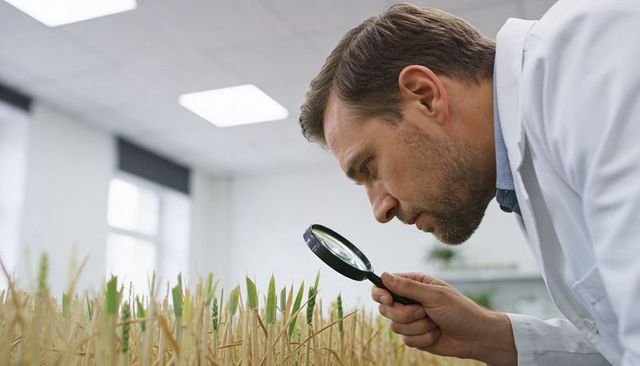 Agronomist inspecting wheat heads with magnifying glass in laboratory for crop research