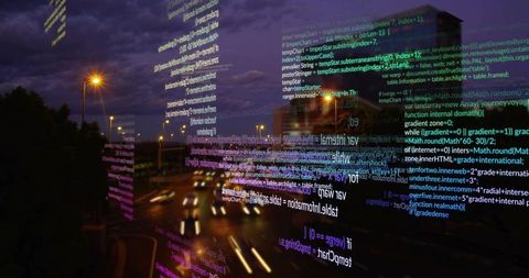 Glowing Code Columns Drifting Over Urban Highway at Dusk, Neon Light Trails, Digital Data Overlay