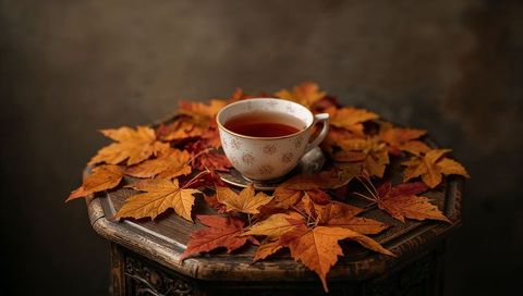 Gold-rimmed porcelain teacup sitting on octagonal carved wooden table with maple leaves framing autu