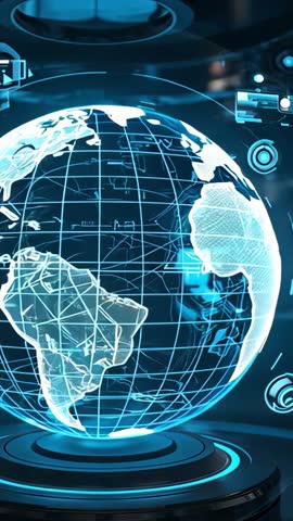 Initializing 3D Holographic Globe Rotating on Pedestal, Pulsing Rings and Futuristic UI Panels