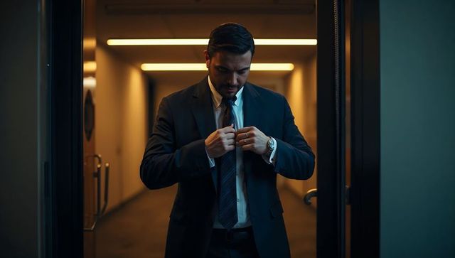 Fastening striped tie in doorway under warm lights businessman preparing