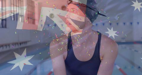 Caucasian Female Swimmer with Australian Flag and Celebratory Confetti