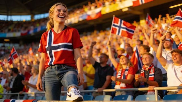 Smiling norwegian fan celebrating in stadium wearing flag tee and waving norway flag