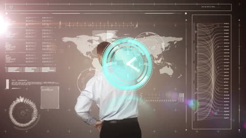 Man Analyzing Digital World Map with Data Interface