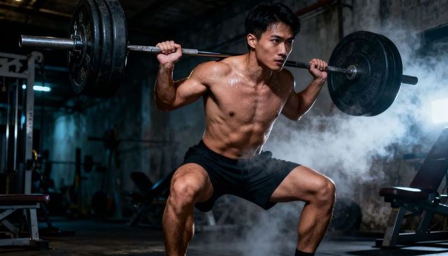 Asian athlete squatting heavy barbell in industrial gym shirtless intense strength training