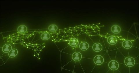 Neon green global network mesh connecting data nodes and avatar icons for tech branding