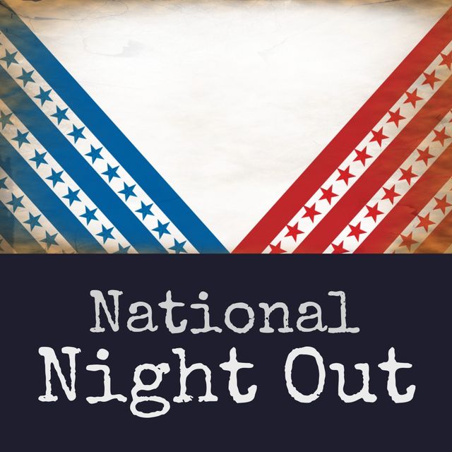 Digital composite of national night out text and blue, red stripes with stars on white background. copy space, community, police, partnership, crime, awareness and prevention concept.
