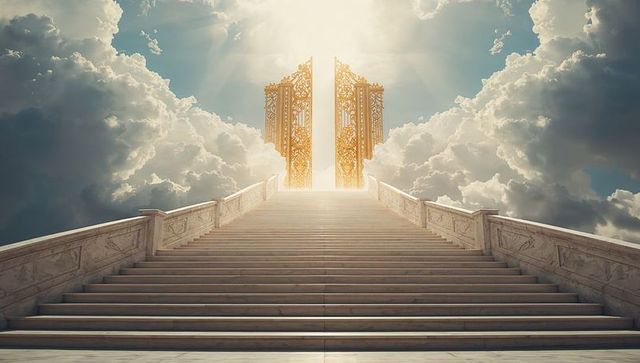 Ornate golden gates leading to heaven with radiant sunbeams