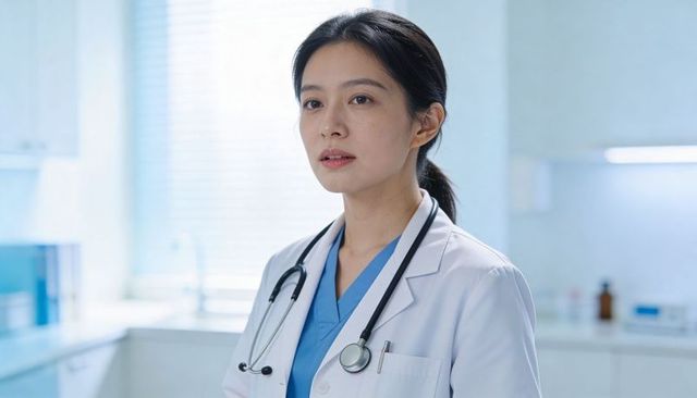 Confident female doctor in white coat and blue scrubs with stethoscope in bright clinic
