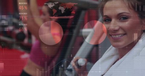 Smiling Woman Working Out with Digital Data Overlays in Gym