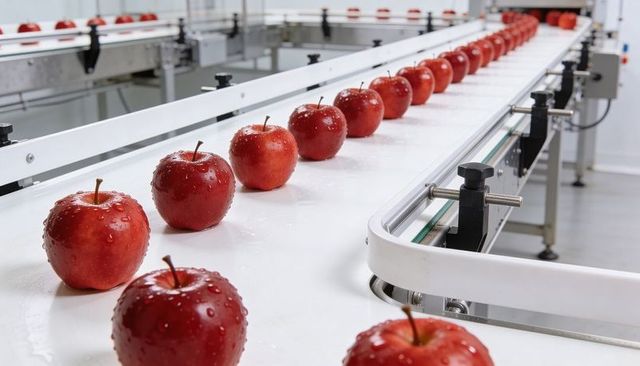 Moving red apples gliding along white conveyor belt in fruit packing line