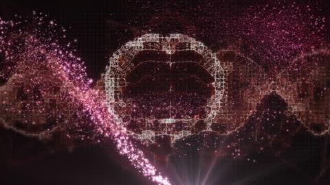 Futuristic Digital DNA Helix with Brain Hologram and Lens Flare