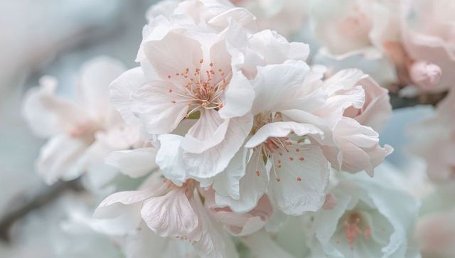 Delicate pale pink cherry blossoms blooming on branch with soft pastel bokeh and stamens