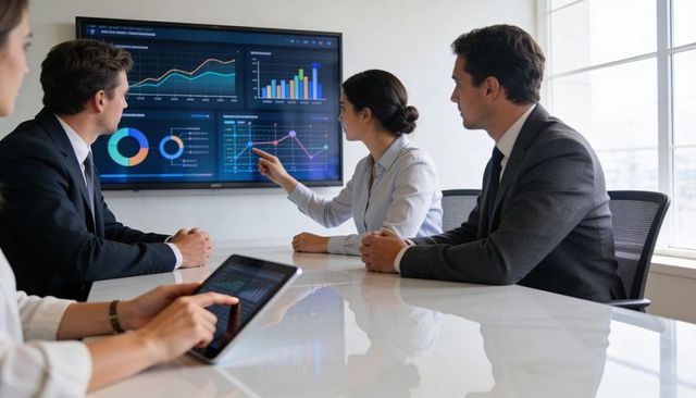 Business team analyzing financial dashboard and charts during boardroom presentation