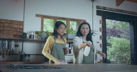 Cleaning together women wiping rustic wooden kitchen countertop with spray bottle