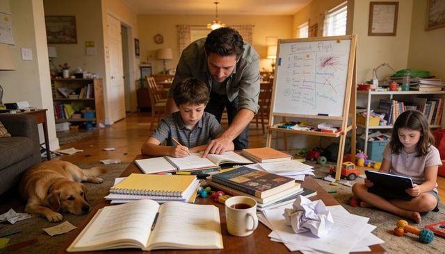Father helping son with homework at cluttered living table while daughter using tablet