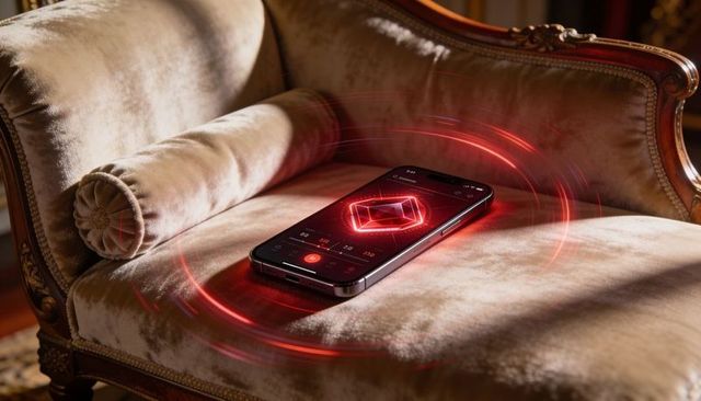 Smartphone projecting red hologram cube on velvet antique armchair for luxury tech demo