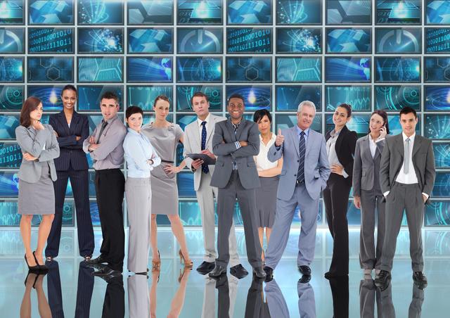 This image features a diverse group of business professionals standing confidently against a digital background filled with technology-related graphics. Ideal for use in corporate presentations, business websites, promotional materials, and articles related to teamwork, leadership, and business strategy.