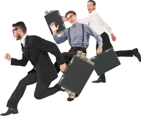 Joyful businessmen running with transparent currency-filled briefcases