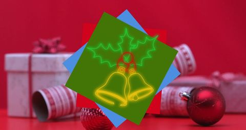 Festive neon christmas bells on red holiday background