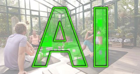 AI-enhanced yoga class in sunlit greenhouse conservatory for wellness and tech fusion