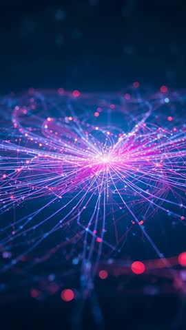 Pulsing data node sending glowing filaments across dark network for futuristic tech visuals