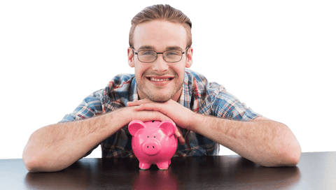 Smiling Man with Pink Piggy Bank and Transparent Background
