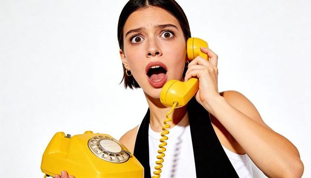Startled young woman holding yellow rotary phone with open mouth expressing surprise
