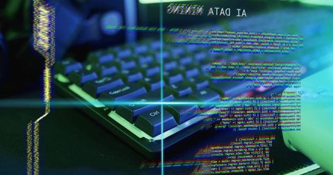 Glitching AI Data Overlay on Keyboard and Mouse Showing Coding, Cybersecurity, Hacking