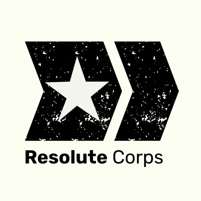 Grunge styled black chevrons with a cut out star logo placed against an off white background. Text below reads 'Resolute Corps' adding a military feel to the design. Perfect for illustrating strength and determination, can be used for branding, merchandise, or promotional materials aiming to convey authority, resilience, and unity.