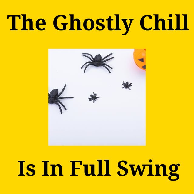 The ghostly chill is in full swing text with black spider, flies and jack o lantern pumpkin. Halloween, october 31st, all hallows' eve, tradition and celebration, digitally generated image.