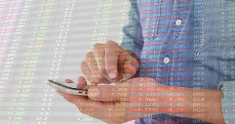 Investor tapping smartphone with live stock market tickers overlay, financial trading data