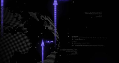 Neon data globe with rising purple arrows and 72.70 on dark analytics interface for market trends
