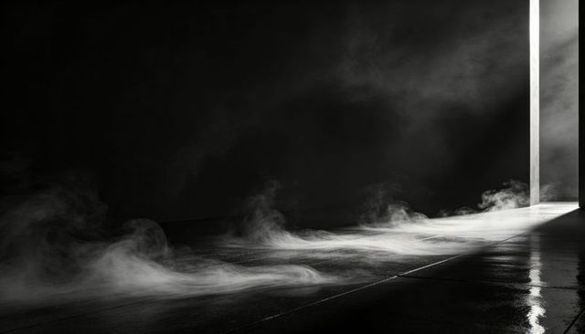 Backlit Low Mist Flowing Across Reflective Wet Floor with Narrow Bright Doorway Light