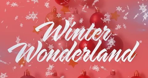 Winter wonderland handlettering featuring red gold baubles snowflakes festive holiday poster