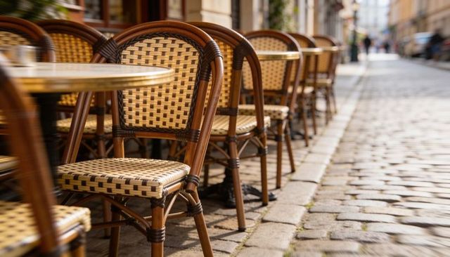 Sunlit woven rattan bistro chairs receding along cobblestone street cafe terrace