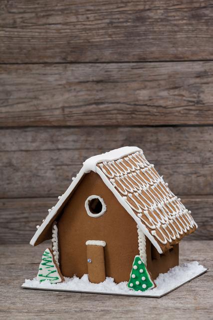 Close-up of gingerbread house during christmas time