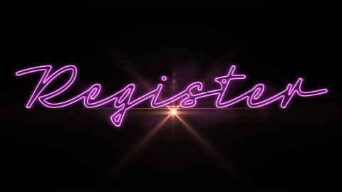 Neon Register Text with Lens Flare on Black Background