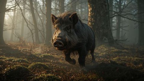 Wild Boar Exploring Coniferous Forest Terrain at Dawn