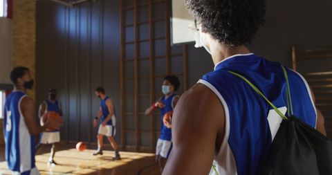 Basketball Team Practicing Social Distancing on Indoor Court