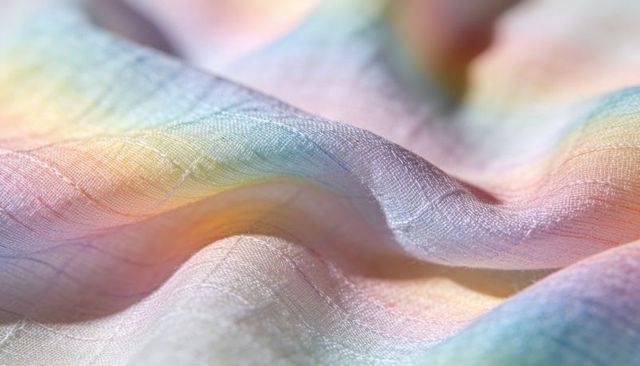 Pastel iridescent woven fabric macro with soft folds and subtle sheen for backgrounds