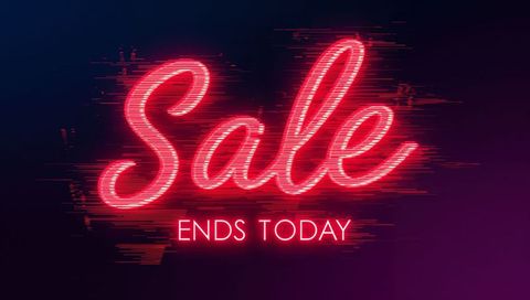 Glowing neon sale script with glitch scanlines and ends today promotional banner