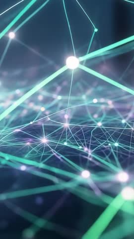 Vertical abstract network animation drifting through pulsing nodes over 3D digital grid