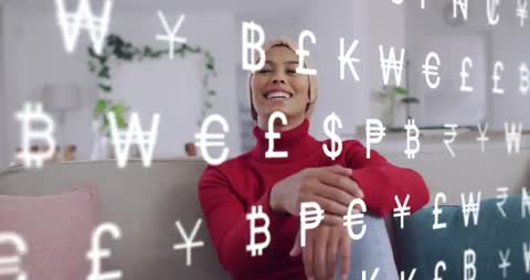 Woman on sofa smiling amid floating currency symbols, exploring digital finance and crypto