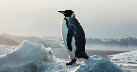 Emperor Penguin Scans Icebergs in Icy Arctic Wilderness