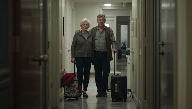 Senior couple walking down hotel corridor rolling luggage and supporting each other