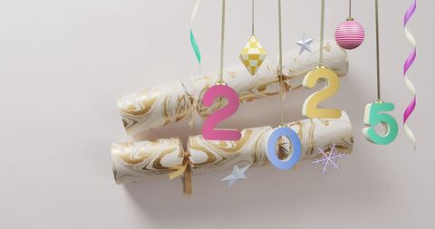 Festive New Year 2025 Celebration Display with Hanging Decorations