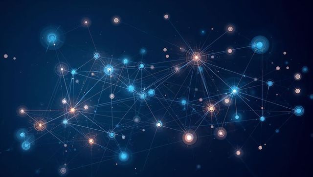 Abstract Technology Network with Glowing Nodes, Connected Lines and Rings on Dark Blue