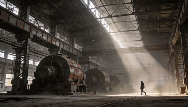 Lone explorer crossing abandoned industrial hall with sunbeams and rusted machinery